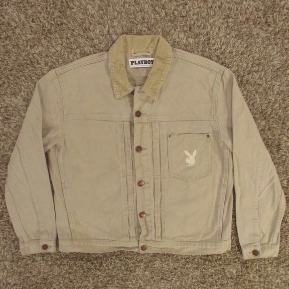 Playboy Jean Jacket Men's Large Beige Trucker Denim Corduroy Collar Button Front - Picture 1 of 9
